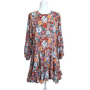 The Impeccable Pig Floral Swing Dress Long-Sleeve Colorful Boho Oversize Size S